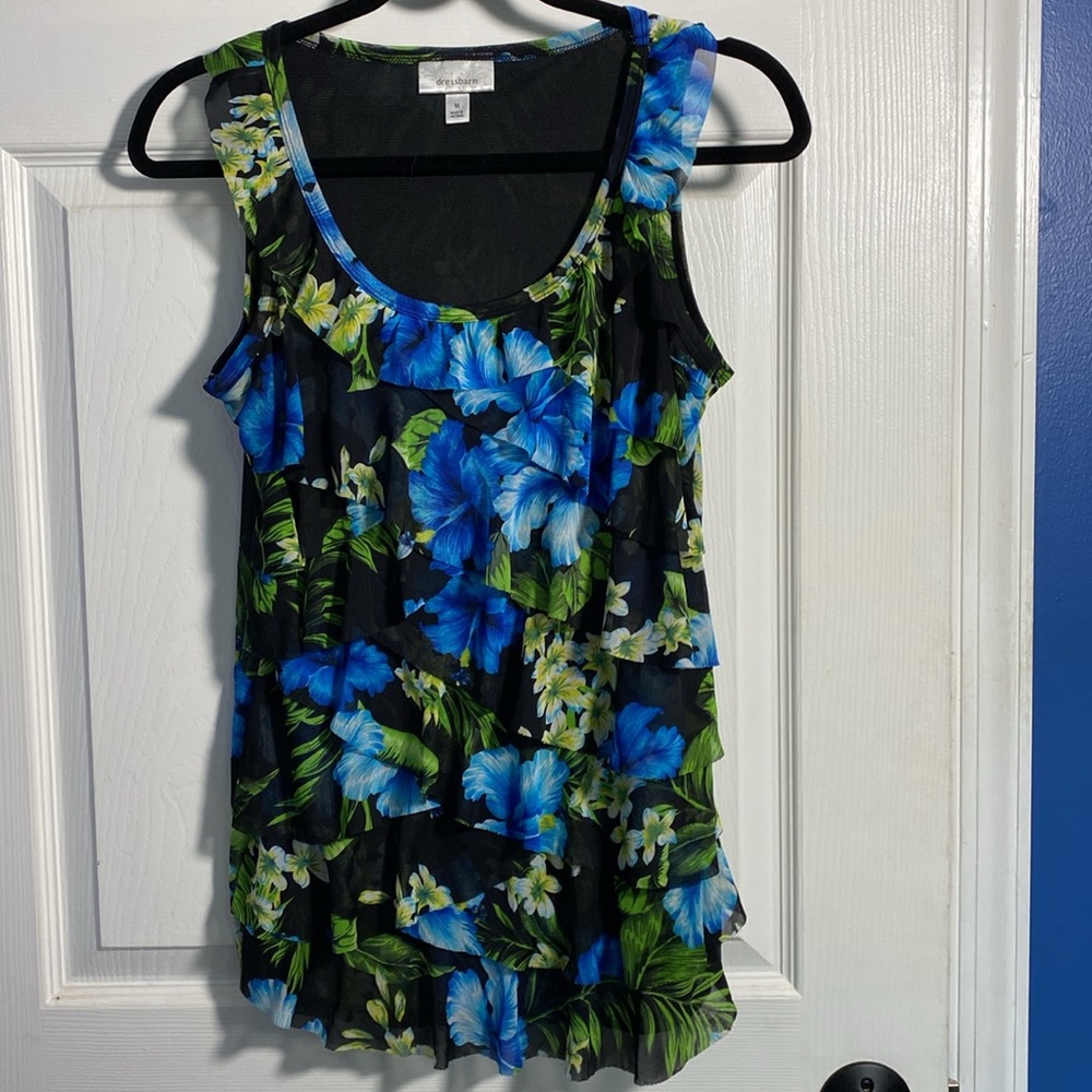 Dress Barn Sleeveless Layered Ruffle Tropical Blue Flower Print Women Top Medium